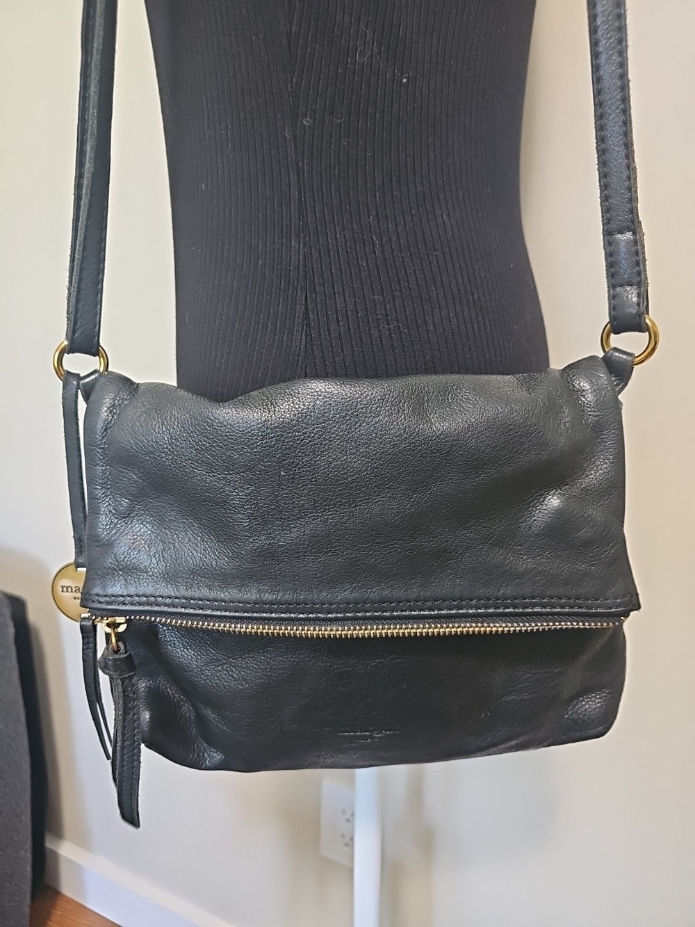 MARGOT New York Fold-Over Leather Crossbody Bag in Black with Gold Hardware